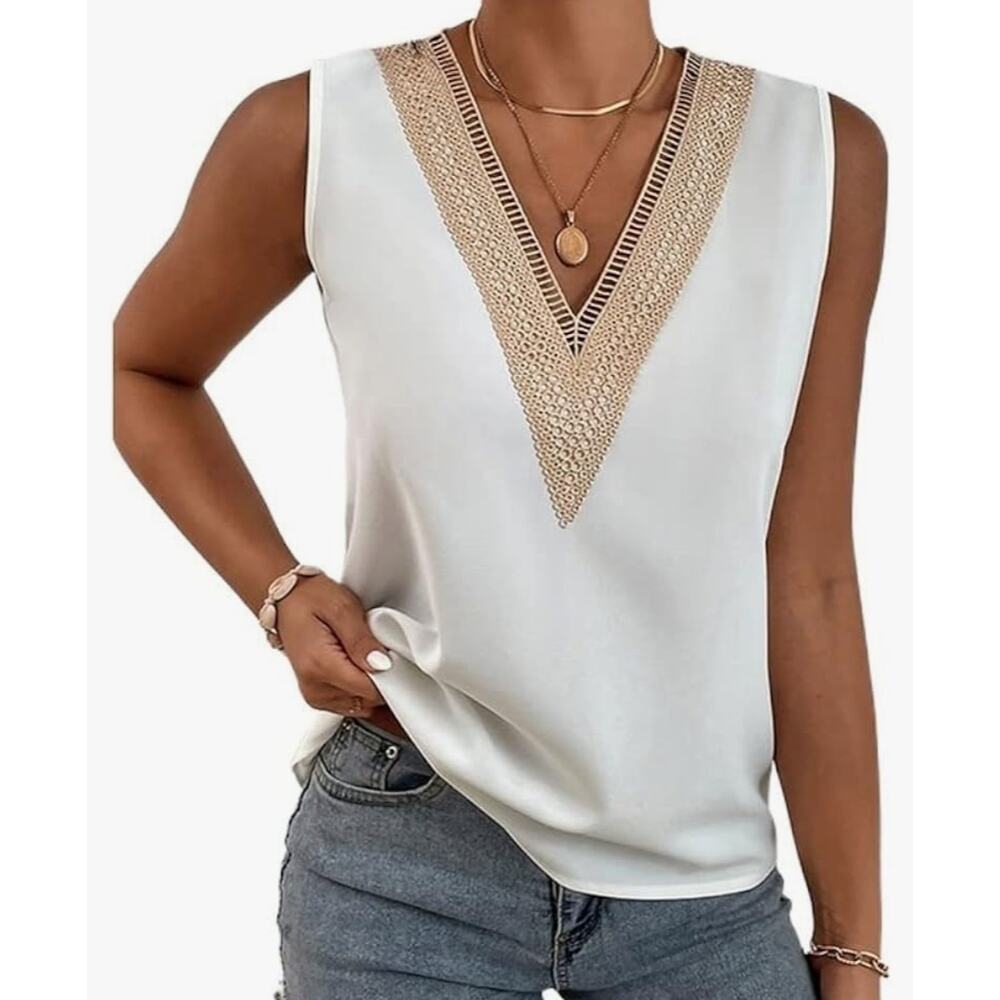 Shein Women's Lace Splicing Deep V Neck Summer Boho Tank Shirts White/Beige XL